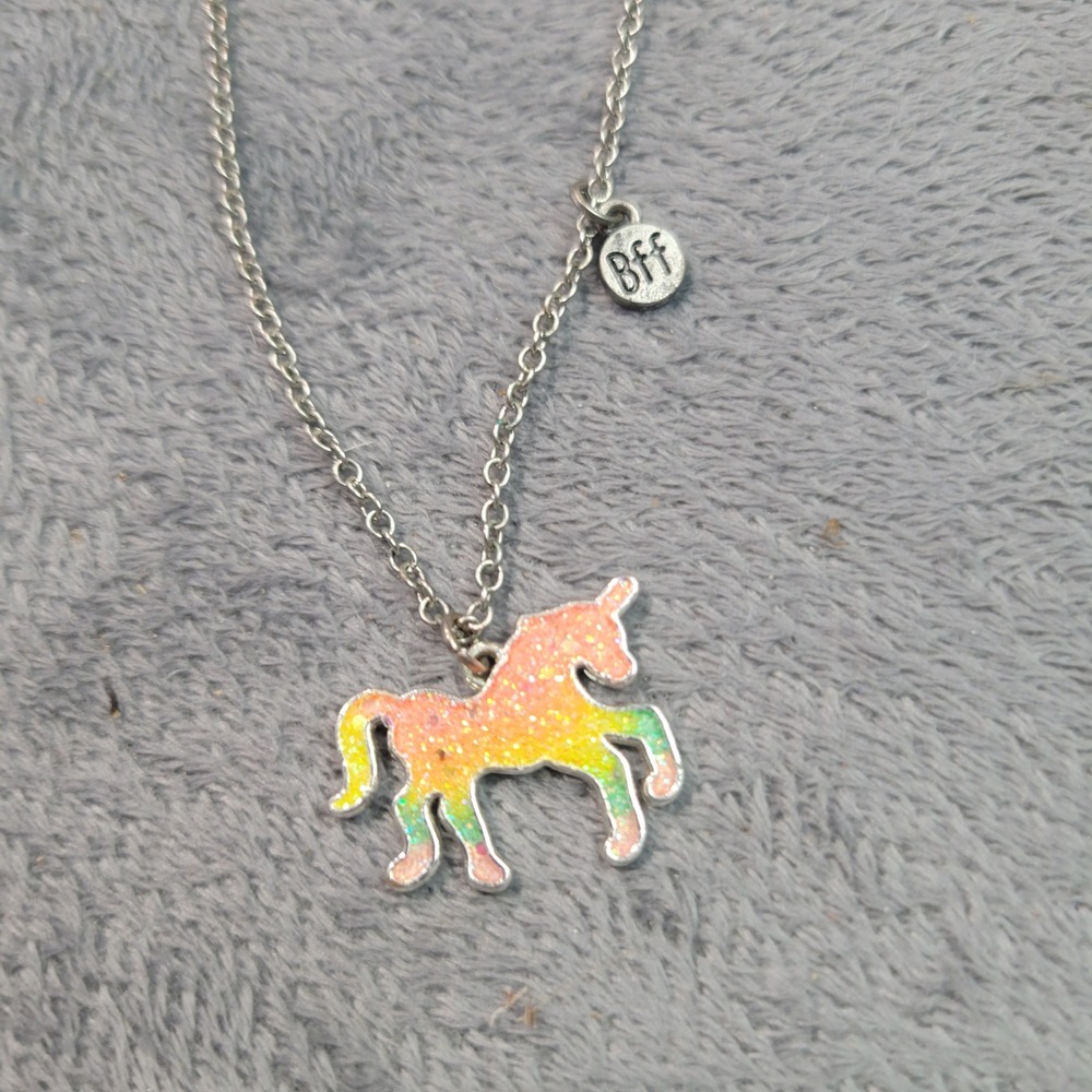 Necklace Girls OS Silver Rainbow Unicorn BFF Glitter Whimsical Pendant Magic Art